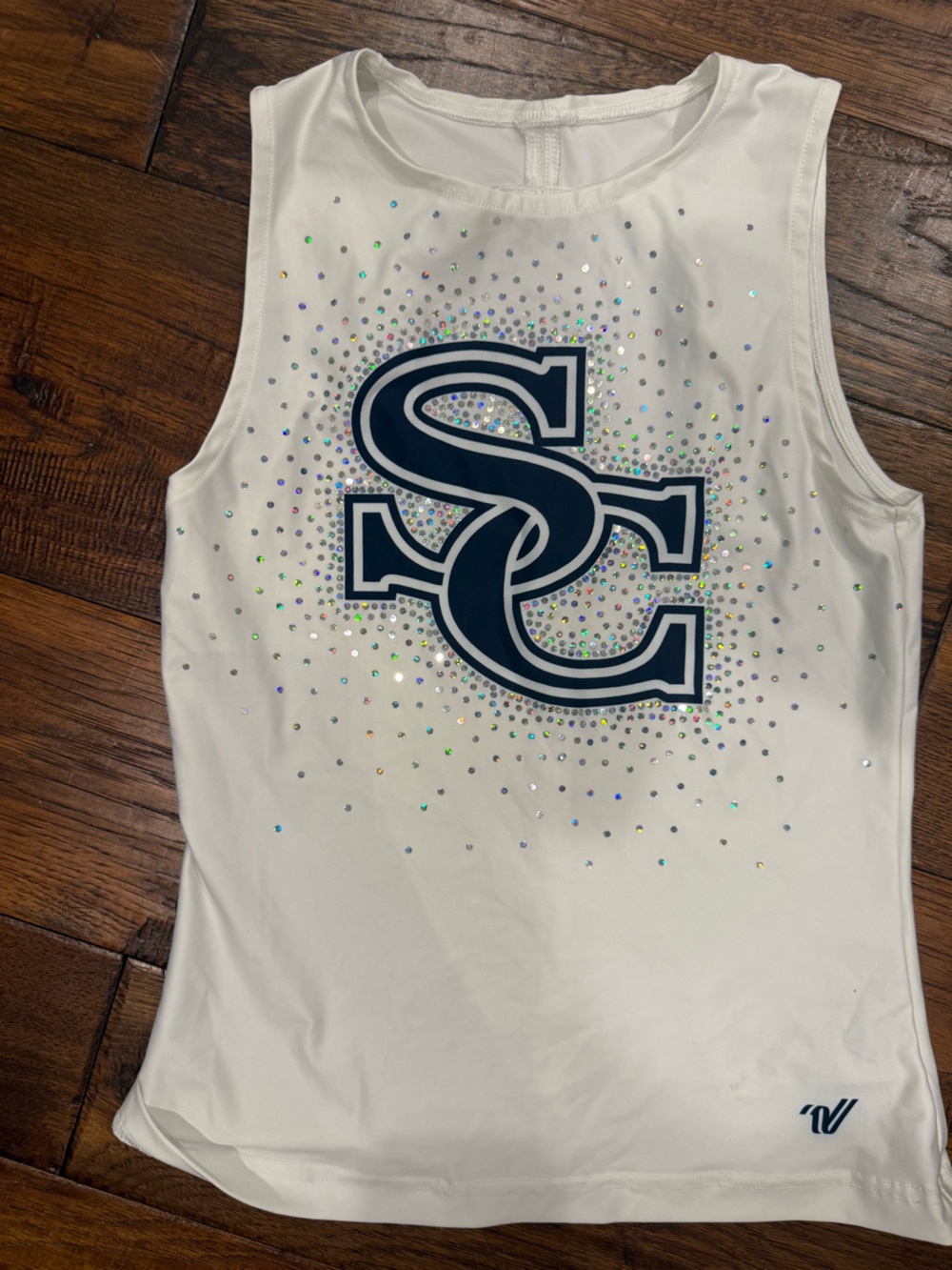 Varsity Women’s White Tank Top with Navy SC Logo and Rhinestones